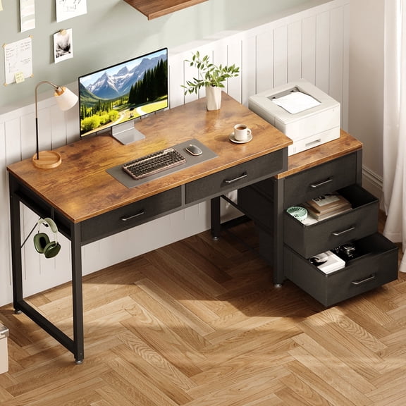 Casacomoda Computer Desk with 5 Drawers & Printer Stand, Reversible Storage Desk for Home Office, 53 Inch Writing Desk with Headphone Hook, Vintage