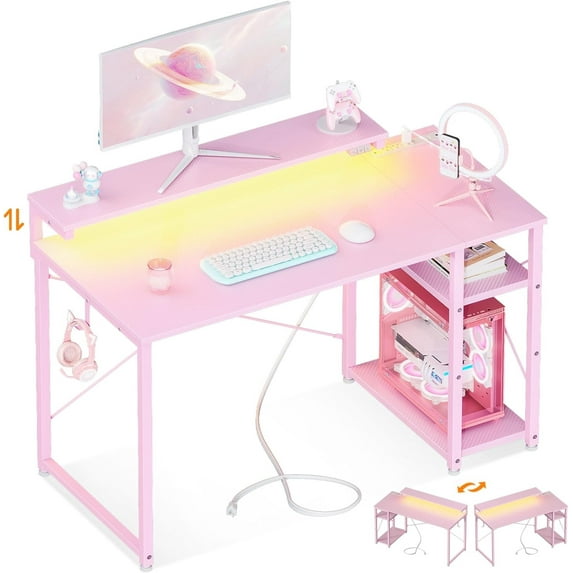 Sofanext Gaming Desk with Led Lights & Power Outlet, 40 Inch Small Computer Desk with Storage Shelves, Reversible Gamer Desk with Height Adjustable Monitor Stand & Headphone Hook, Pink