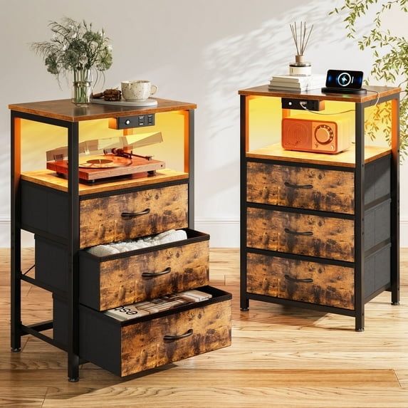 Sofanext Night Stand with Charging Station Set 2, End Table for Bedroom Small Nightstand with Fabric Drawers, Tall Nightstand for Bedroom, Bedside Table, Vintage