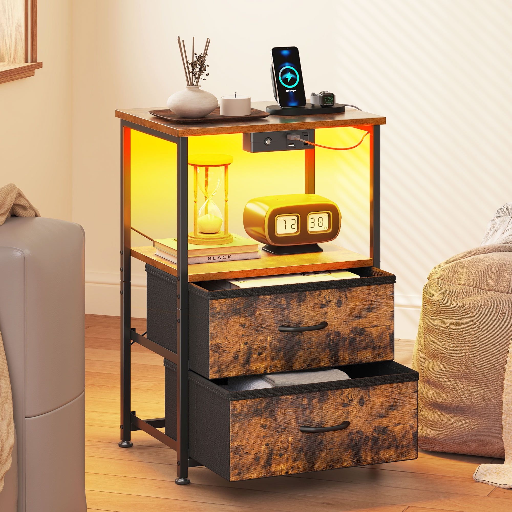 Sofanext Night Stand with Light Strip and Charging Station, USB Ports ...