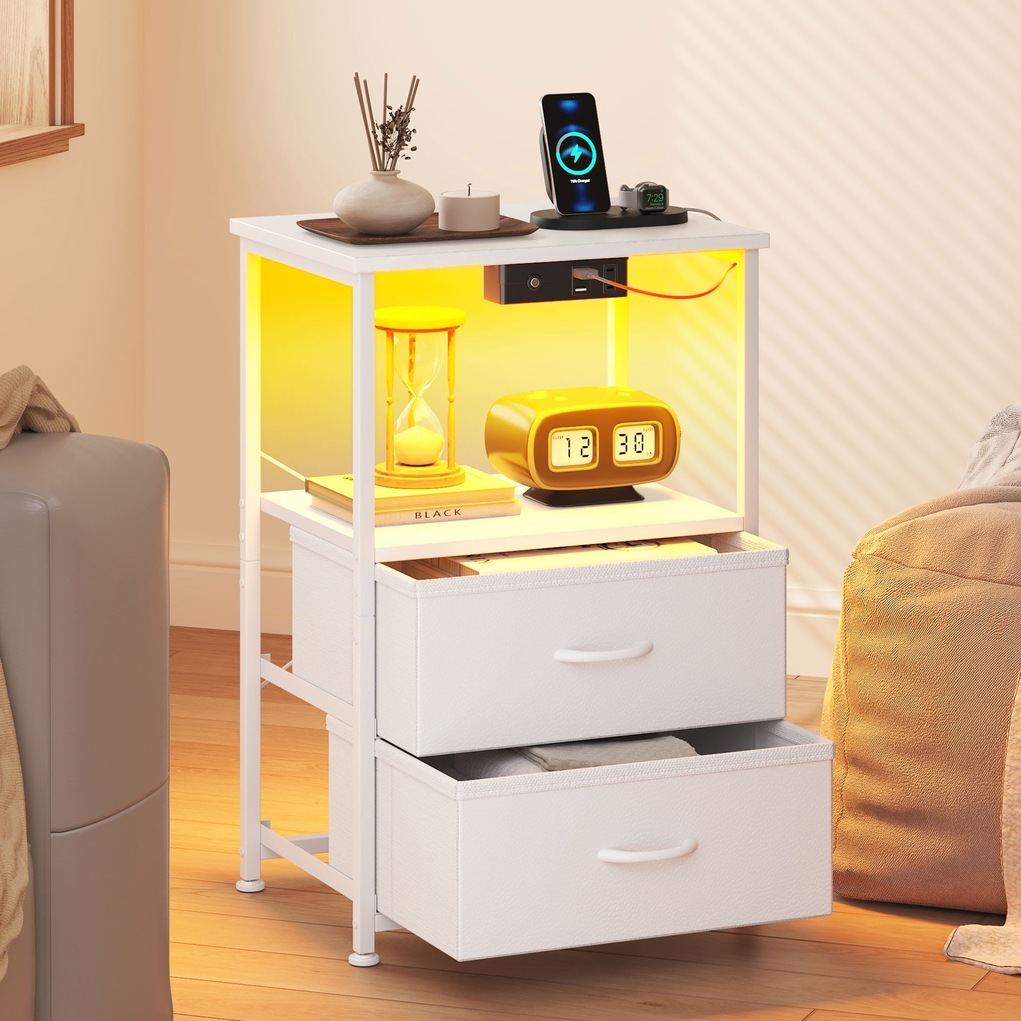 Sofanext Night Stand with Light Strip and Charging Station, USB Ports ...