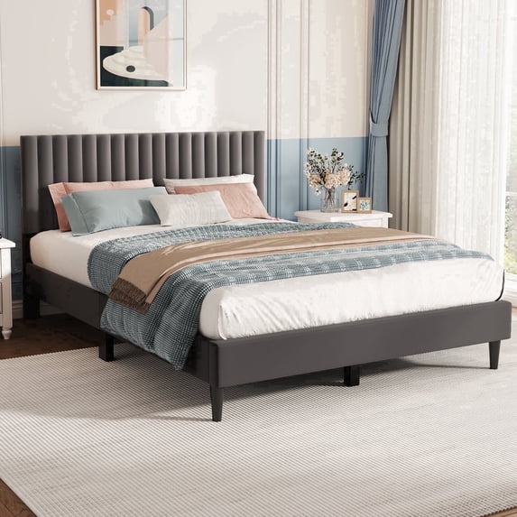 Queen Bed Frame No Box Spring Needed, Platform Bed Frame with Upholstered Velvet Headboard, Wood Slat Support, Noise-Free, Smoky Grey