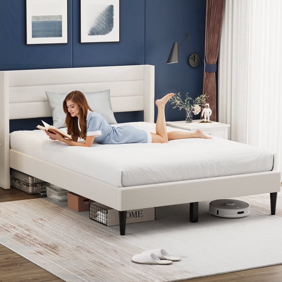 Sofanext Queen Bed Frame with Headboard, Upholstered Platform Bed Frame Queen, Wood Slat Support, No Box Spring Needed, Noise-Free, Cream White