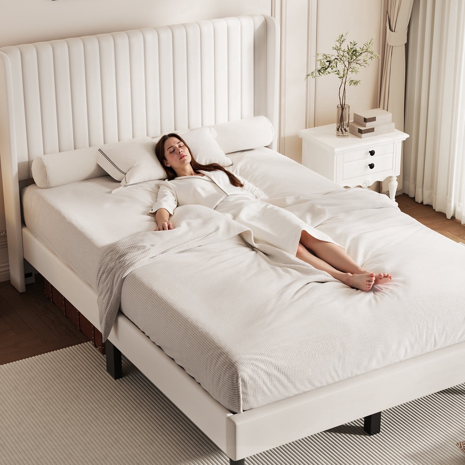 Sofanext Queen Wingback Platform Bed Frame, Tall Velvet Upholstered Headboard, Wood Slat Support, No Box Spring, Noise-Free, Cream White