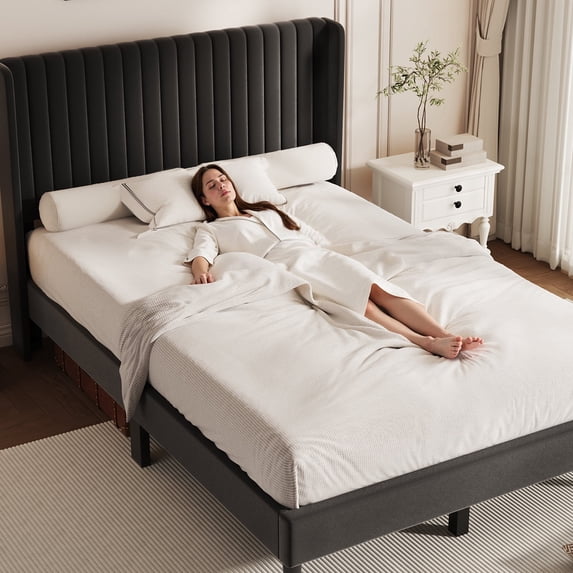 Sofanext Queen Wingback Platform Bed Frame, Tall Velvet Upholstered Headboard, Wood Slat Support, No Box Spring, Noise-Free, Black