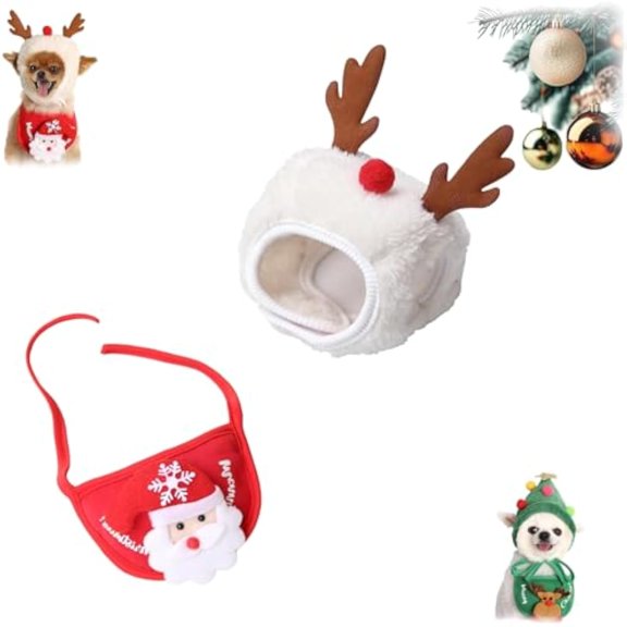 Sofenthiss Adorable Christmas Tree Pom-Pom Hat, Christmas Sets for Cats and Dogs, Adorable Christmass Trees Pom-Pom Hats and Bib for Pet (Santa Claus C,Large)