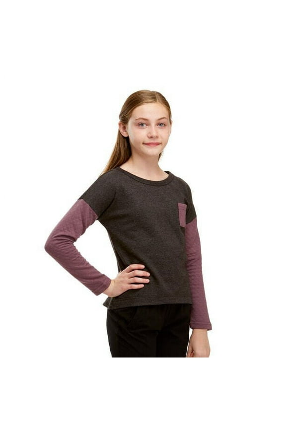 Girls' Big Quilted Crew Sweater, Charcoal Heather Black Plum, Medium 8-10