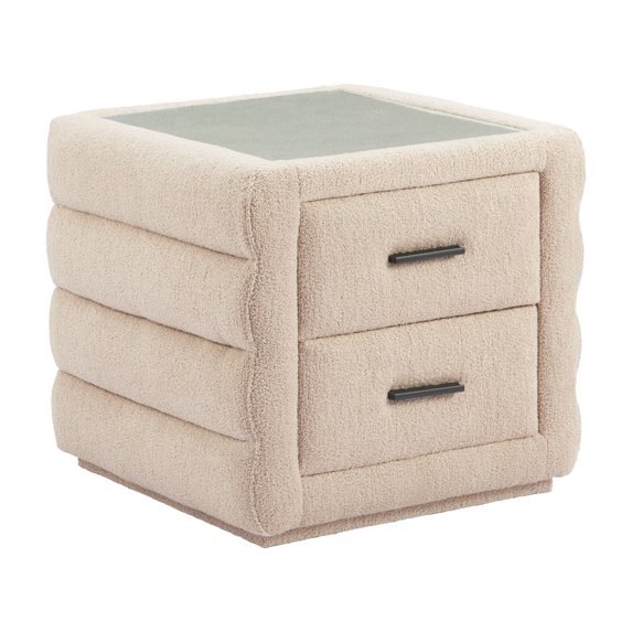 Soffice Nightstand Beige End Table, Modern Style, Tempered Glass rectangular shape tabletop, MDF, Indoor Bedroom