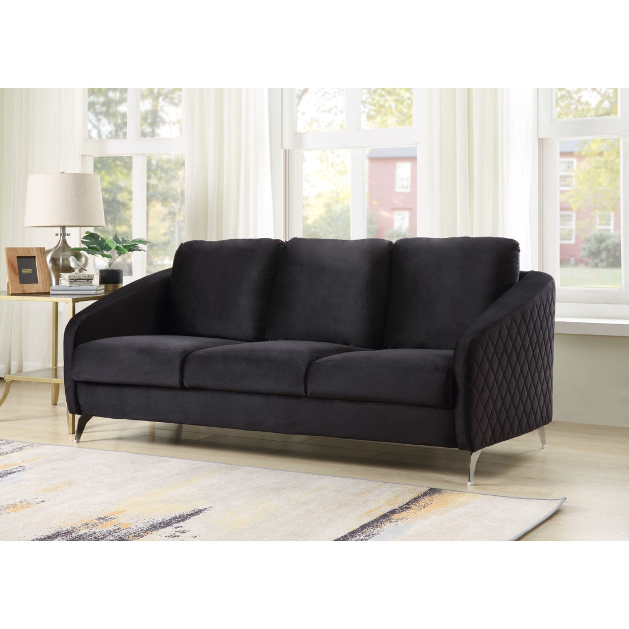 Sofia Elegant Black Velvet 77.5" Sofa with Chrome Metal Legs