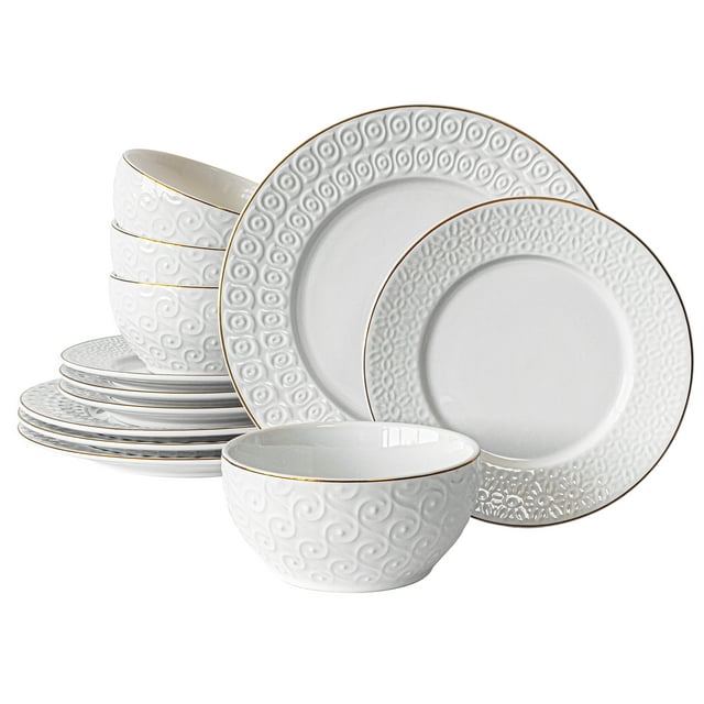 Sofia Home 12 Piece Embossed White Stoneware Dinnerware Set by Sofia Vergara