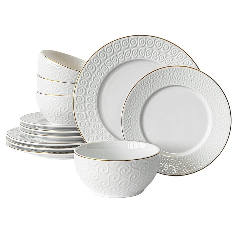 Sofia Home 12 Piece Embossed White Stoneware Dinnerware Set by