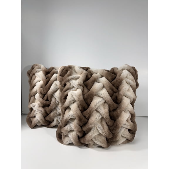 Sofia Home Braided Set of Two Faux Fur 18" x 18" Ombre Tan Decorative Pillows by Sofia Vergara