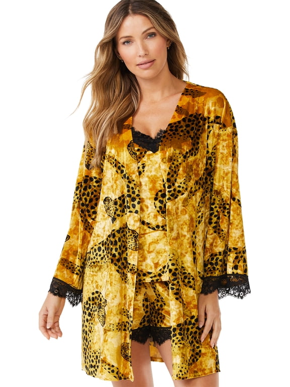 Women's and Women's Plus Size Crushed Velvet Cami, Tap Pants and Robe Set, 3-Piece