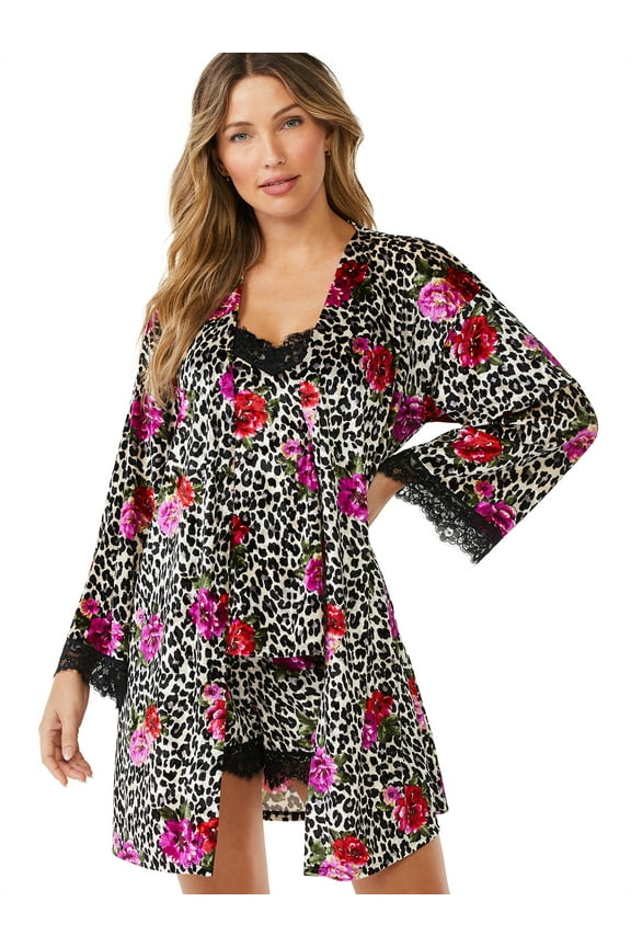 Women's and Women's Plus Size Crushed Velvet Cami, Tap Pants and Robe Set, 3-Piece