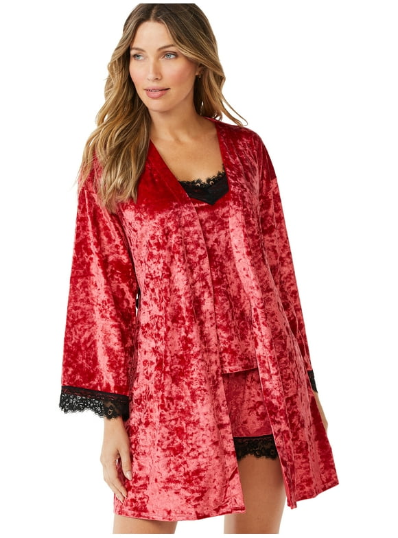 Women's and Women's Plus Size Crushed Velvet Cami, Tap Pants and Robe Set, 3-Piece