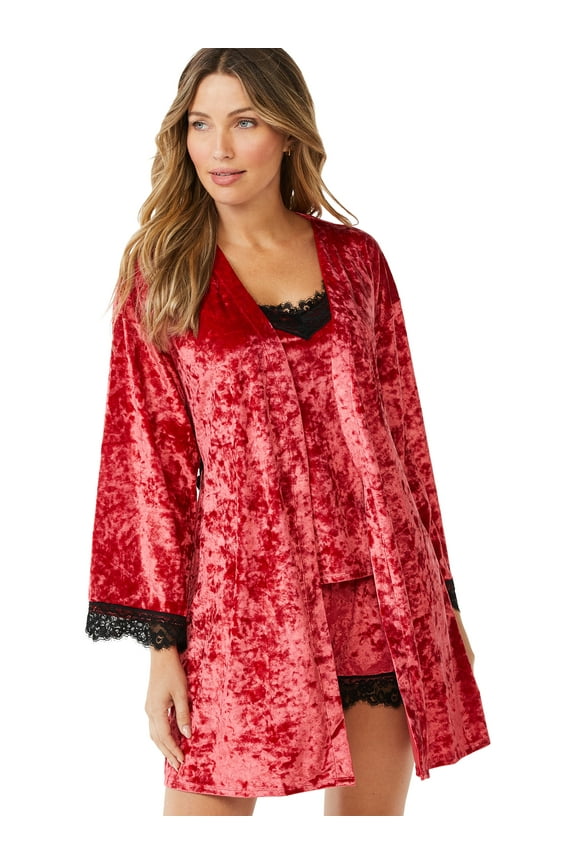 Women's and Women's Plus Size Crushed Velvet Cami, Tap Pants and Robe Set, 3-Piece