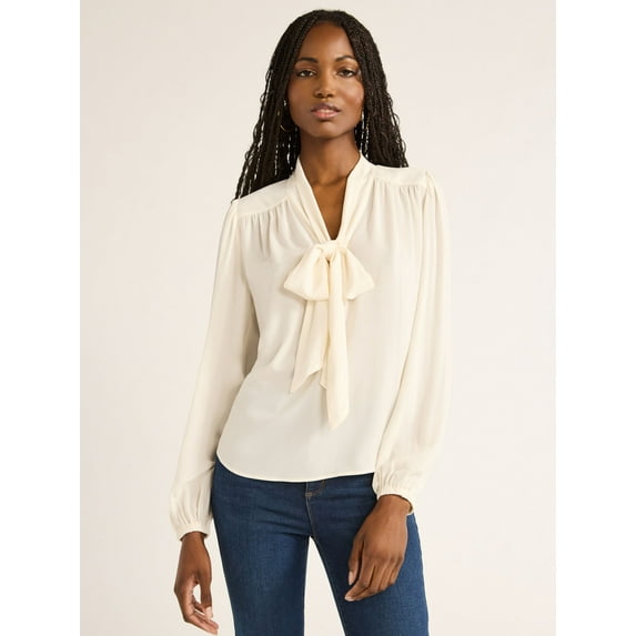 Sofia Jeans Women's Bow Blouse with Long Sleeves, Sizes XS-XXXL