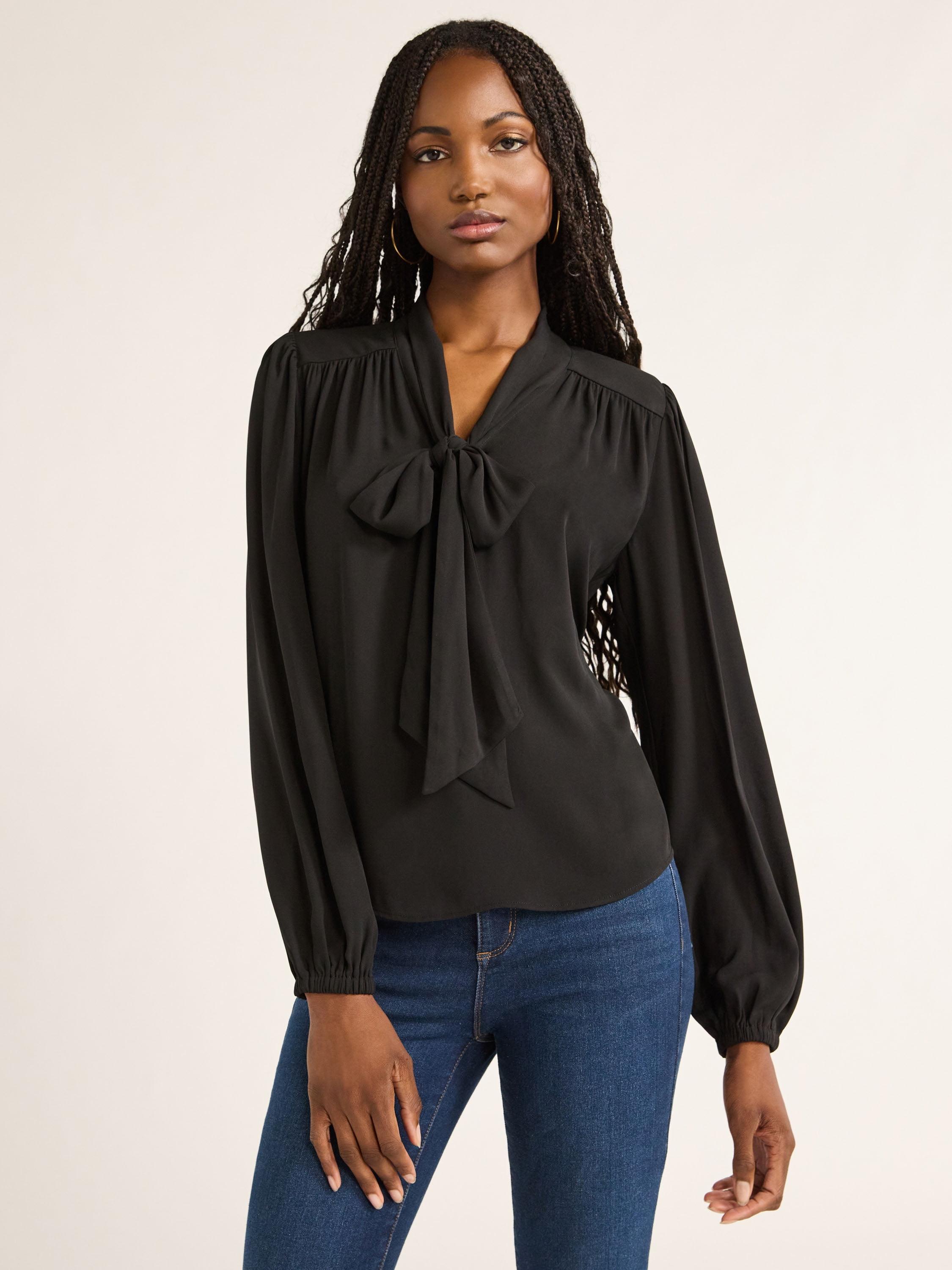 Sofia Jeans Women's Bow Blouse with Long Sleeves, Sizes XS-XXXL