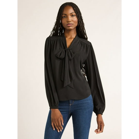 Sofia Jeans Women's Bow Blouse with Long Sleeves, Sizes XS-XXXL