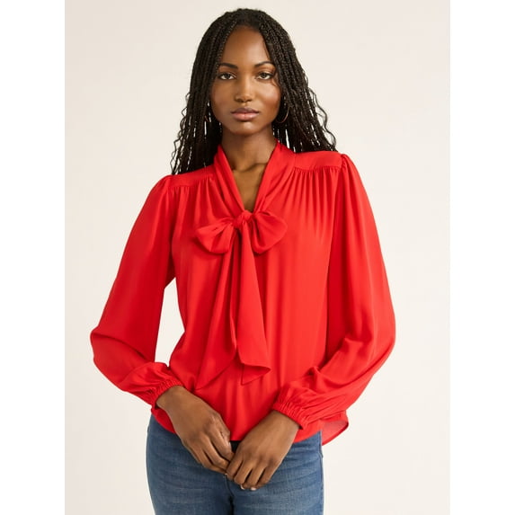 Sofia Jeans Women's Bow Blouse with Long Sleeves, Sizes XS-XXXL
