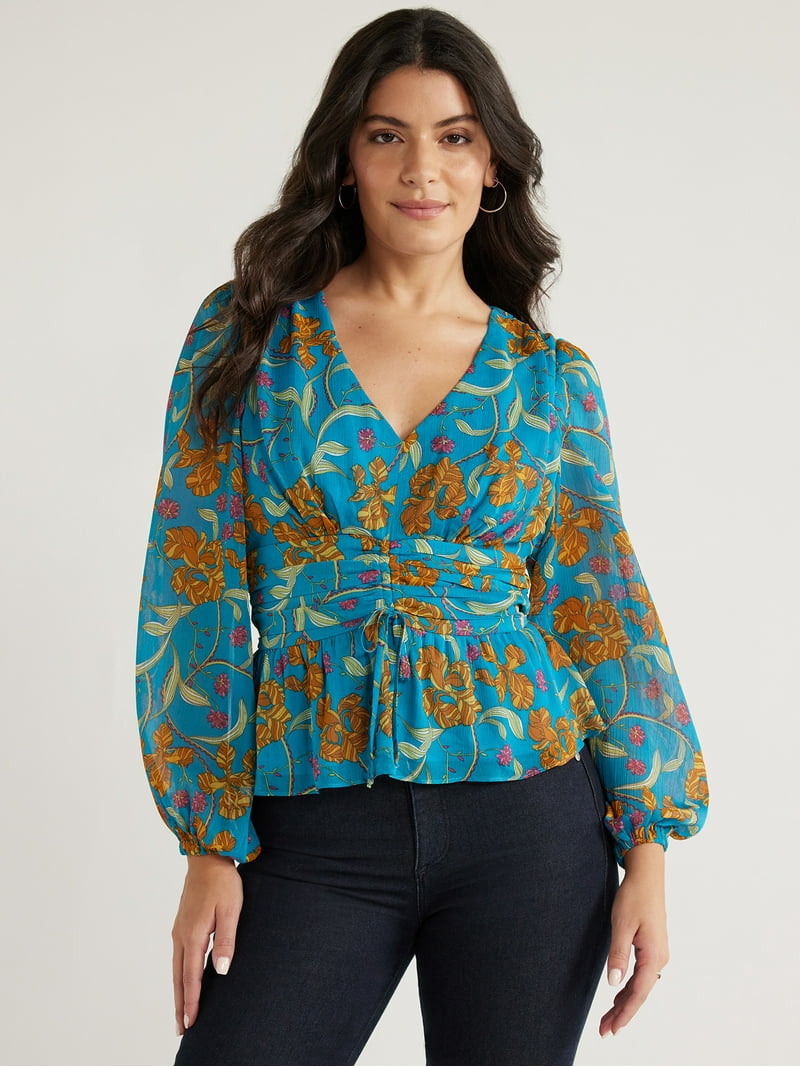 RO-4097　Sophia Sofia Jeans Women's Chiffon Peplum Top with Long Sleeves