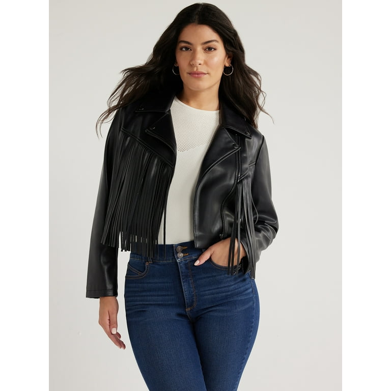 Sofia Jeans Women's Faux Leather Asymmetrical Zip Cropped Fringe Jacket,  Sizes XS-XXL