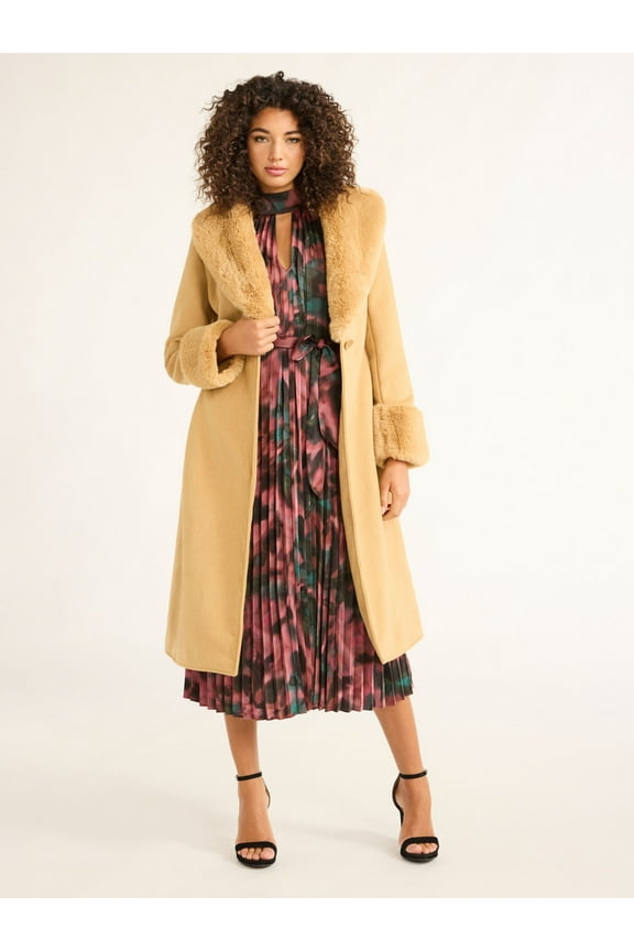 Sofia Jeans Women's and Women's Plus Faux Fur Trim Coat, Sizes XS-5X