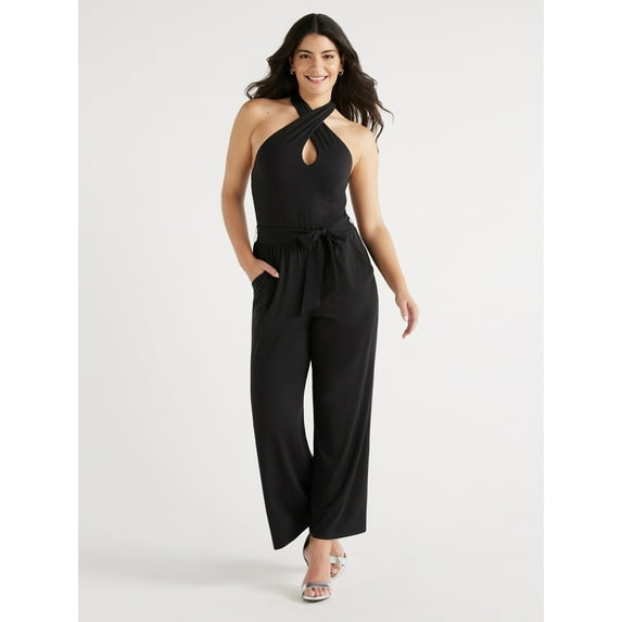 Sofia Jeans Women's Halter Cross Neck Jumpsuit, Sizes XS-XXXL