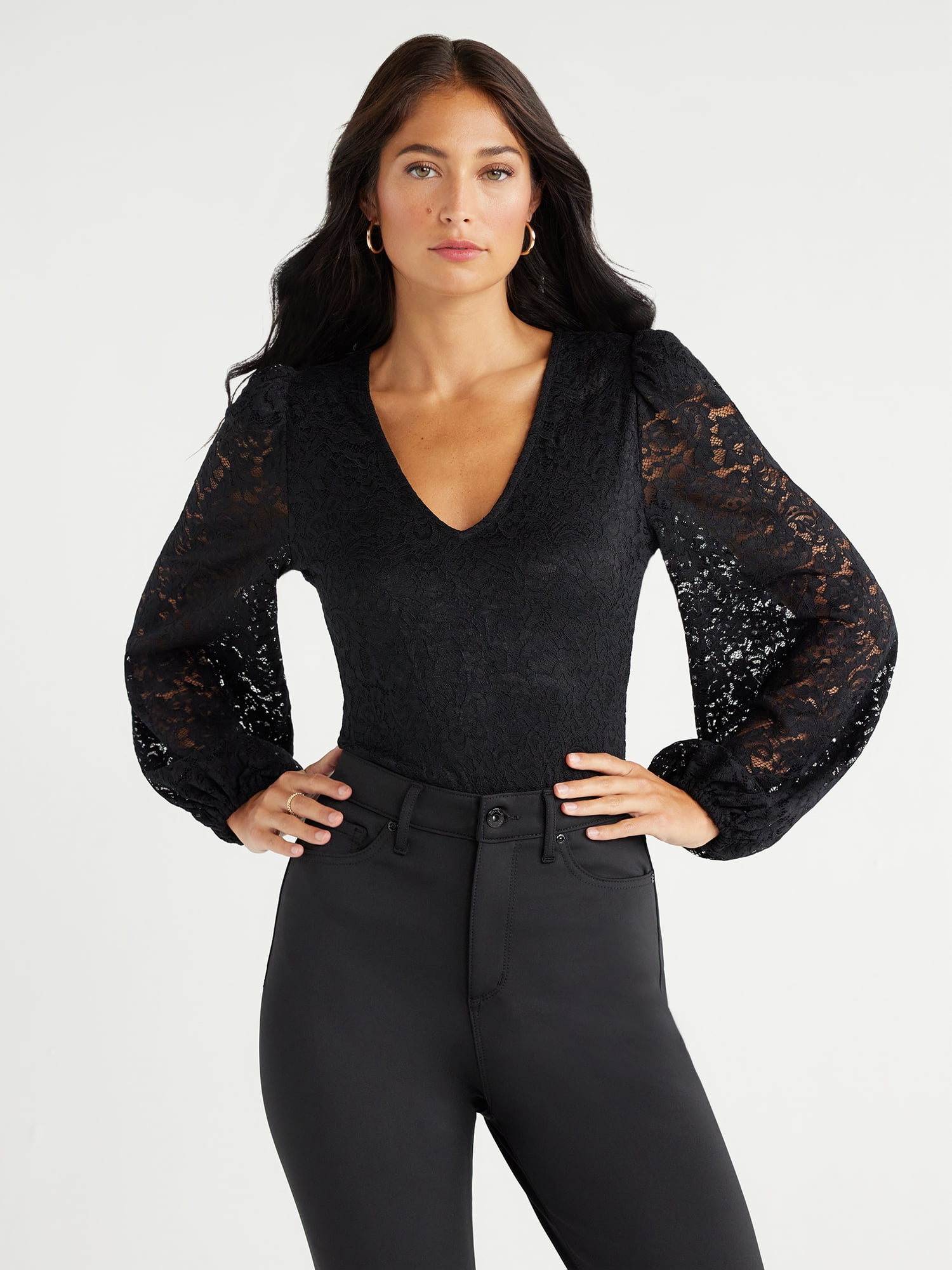Sofia Jeans Women's Lace Bodysuit with Blouson Sleeves, Sizes