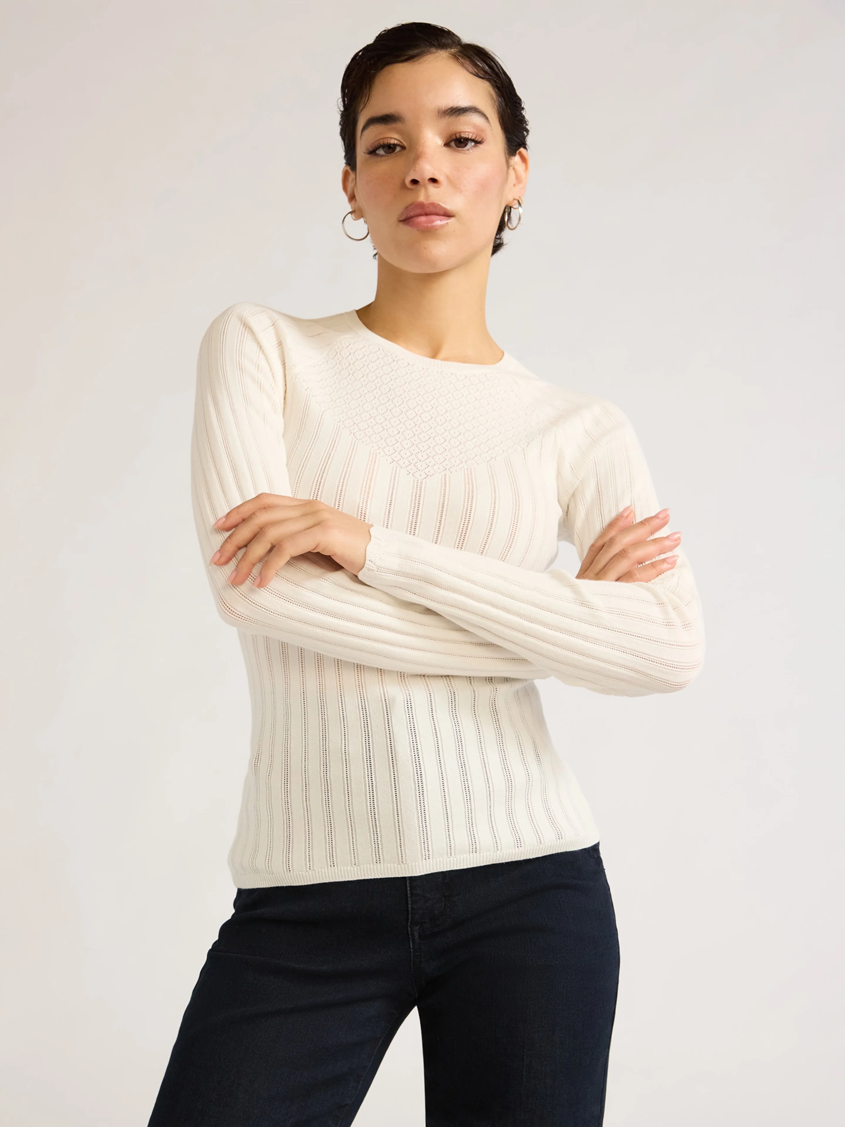 Sofia Jeans Women's Lace Crewneck Sweater with Long Sleeves, Lightweight, Sizes XS-XXL