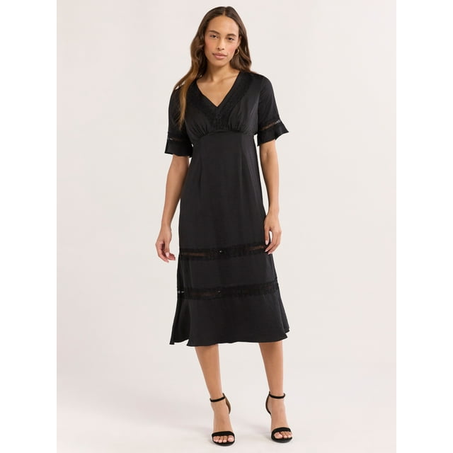 Sofia Jeans Women's Lace Inset Midi Dress, Mid Calf Length, Sizes XS-XXXL