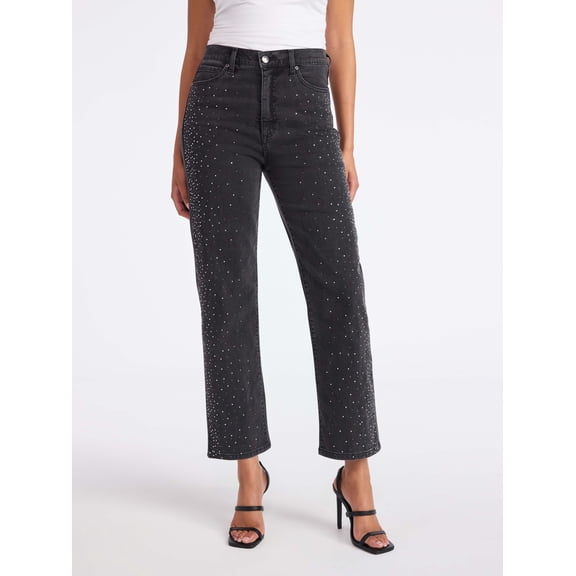 Sofia by Sofia Vergara Women's and Women's Plus Size Lana Embellished Relaxed Straight Cropped High Rise Jeans, 26" Inseam, Sizes 0-26 $29.00