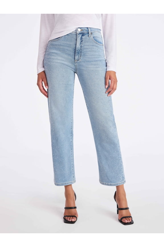 Sofia by Sofia Vergara Women's and Women's Plus Size Lana Embellished Relaxed Straight Cropped High Rise Jeans, 26" Inseam, Sizes 0-26