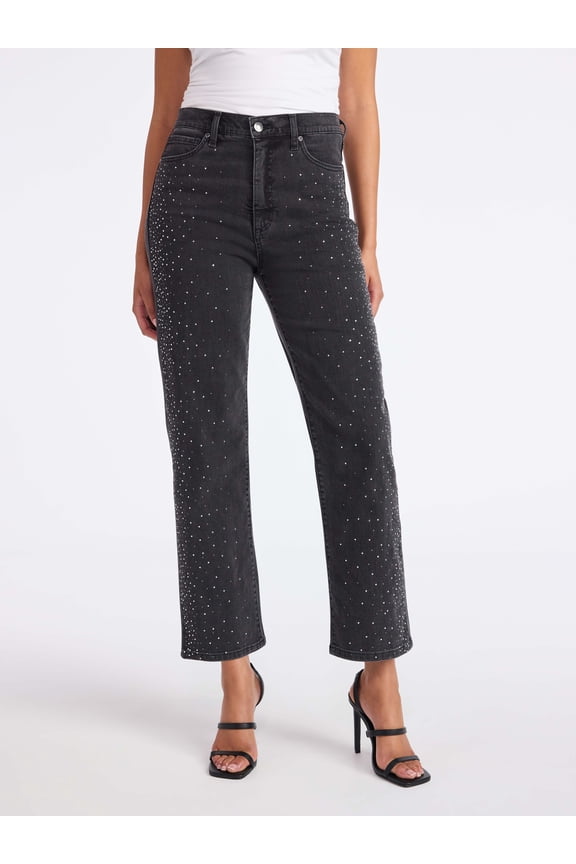 Sofia by Sofia Vergara Women's and Women's Plus Size Lana Embellished Relaxed Straight Cropped High Rise Jeans, 26" Inseam, Sizes 0-26