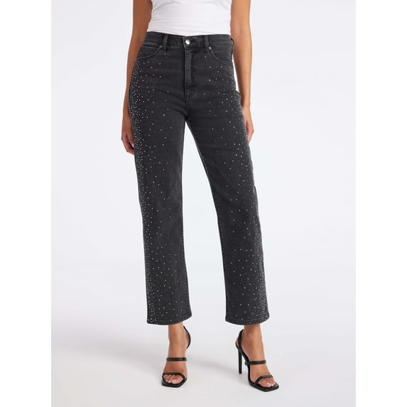 Sofia by Sofia Vergara Women's and Women's Plus Size Lana Embellished Relaxed Straight Cropped High Rise Jeans, 26" Inseam, Sizes 0-26