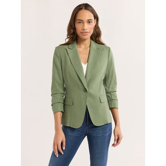 Sofia Jeans Women's Linen Blend Blazer with Scrunch Sleeves, Sizes XS-4X