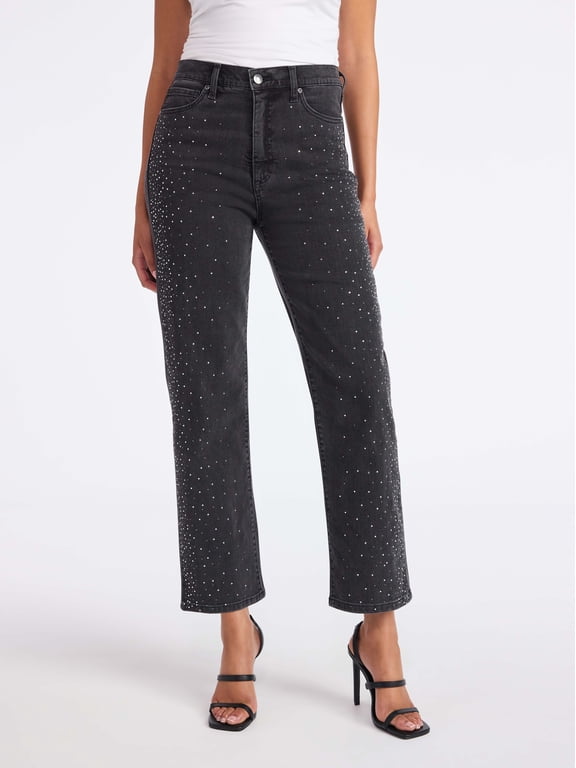 Sofia by Sofia Vergara Women's and Women's Plus Size Lana Embellished Relaxed Straight Cropped High Rise Jeans, 26" Inseam, Sizes 0-26