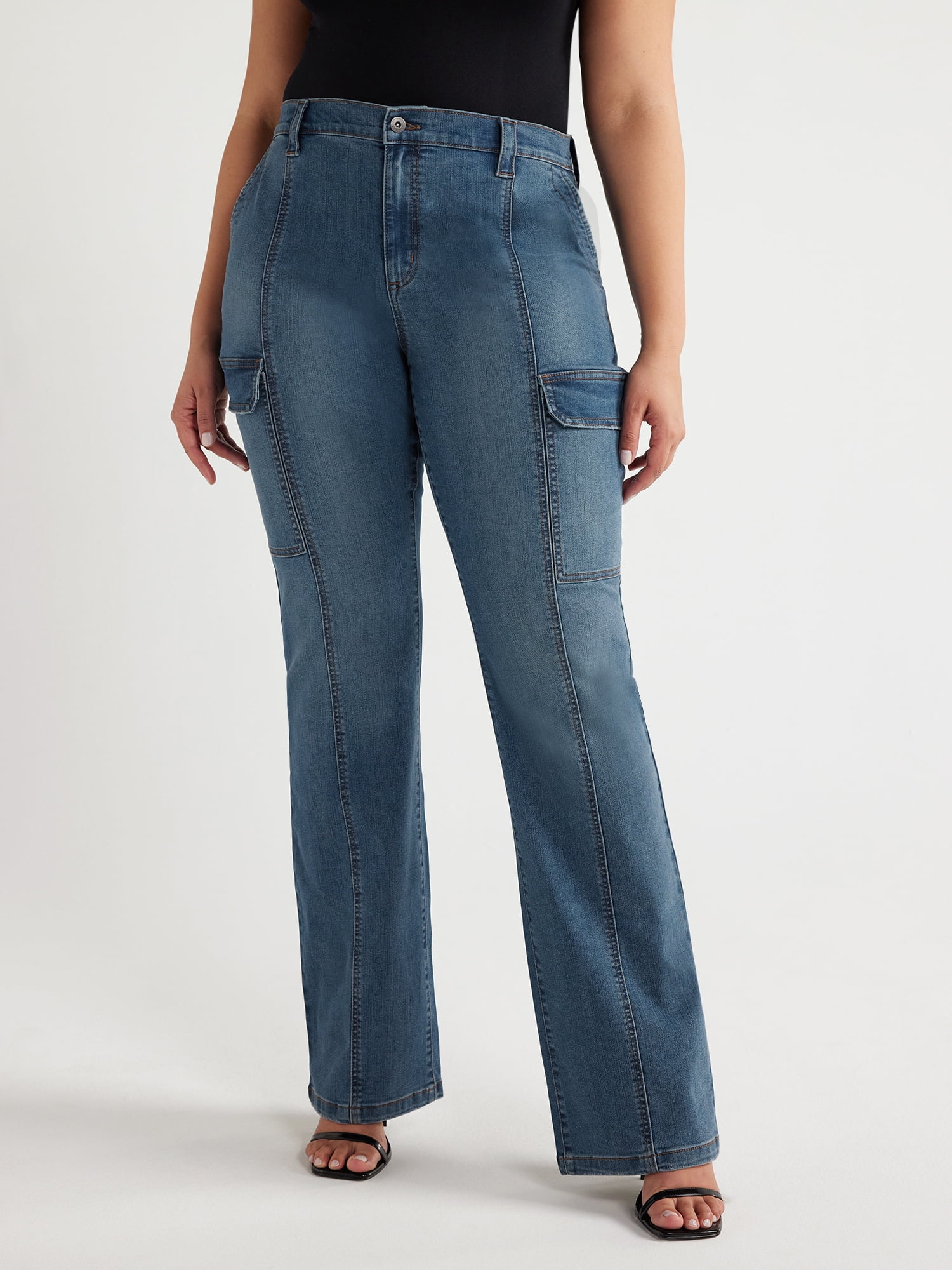 TMOYZQ Denim Cargo Pants for Women, High Waisted Wide Leg