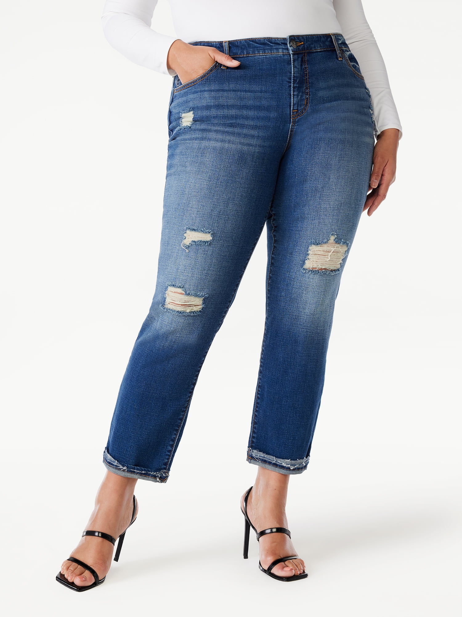Sofia Jeans Women's Plus Size Bagi Boyfriend Mid Rise Distressed Hem Jeans,  26 Inseam, Sizes 14W-28W