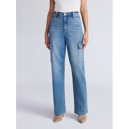 Sofia by Sofia Vergara Women's and Women's Plus Relaxed Straight Super High-Rise Cargo Jeans, 30.5", 32.5, and 34.5" Inseams, Sizes 0-28