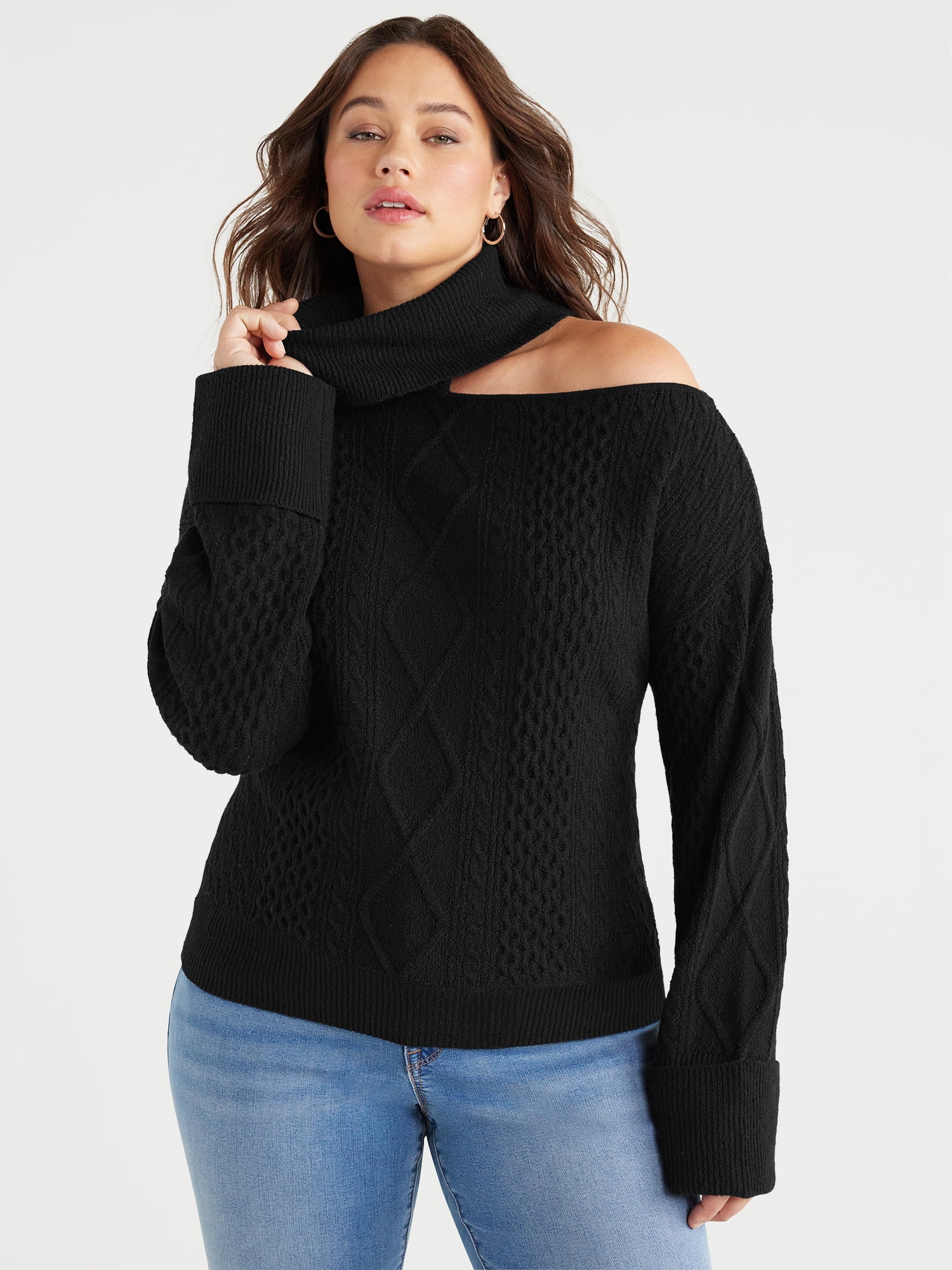 Black turtleneck sweater top with shoulder cutouts