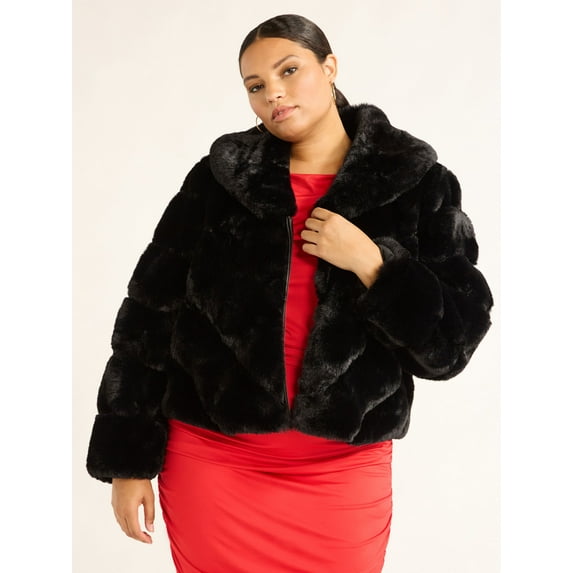 Sofia Jeans Women's and Women's Plus Faux Fur Chubby Jacket, Sizes XS-5X