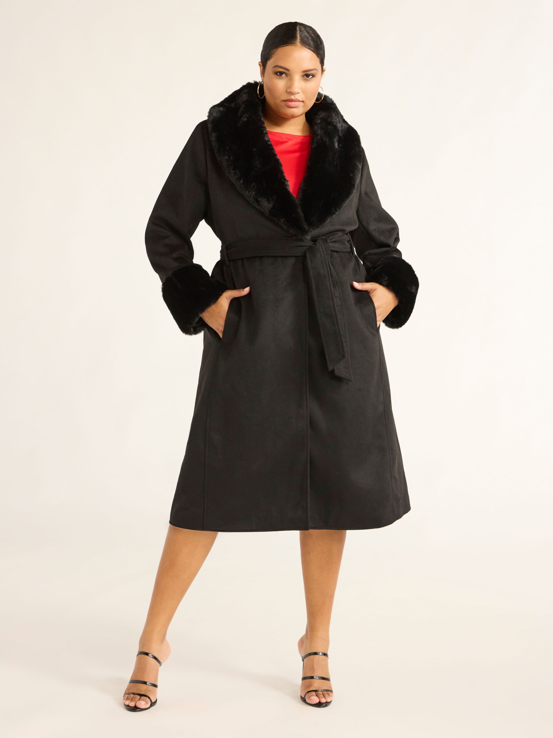 Psofia Ruffle Coat Sofia Jeans Women's and Women's Plus Faux Fur Trim Coat, Sizes XS-5X ...