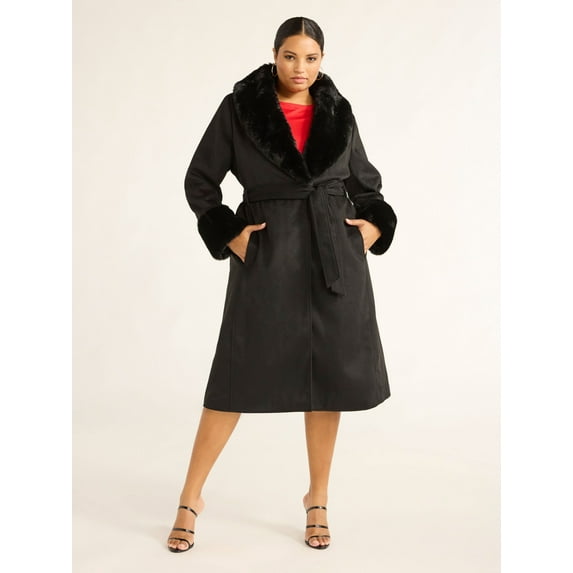 Sofia Jeans Women's and Women's Plus Faux Fur Trim Coat, Sizes XS-5X