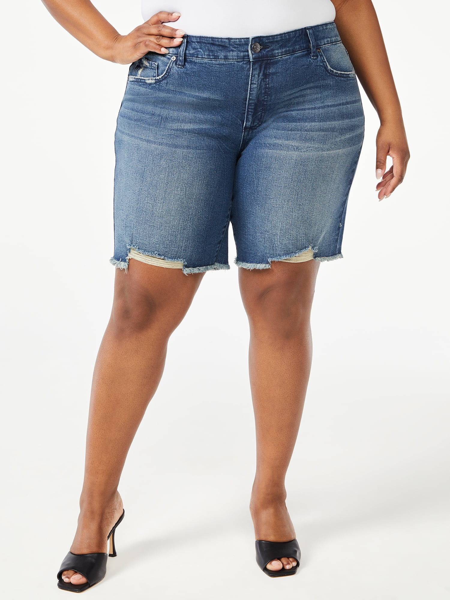 Women Mid Rise Stretchy Denim Shorts Knee Length Curvy Bermuda Stretch Short  Jeans, Off white, Medium - Walmart.com