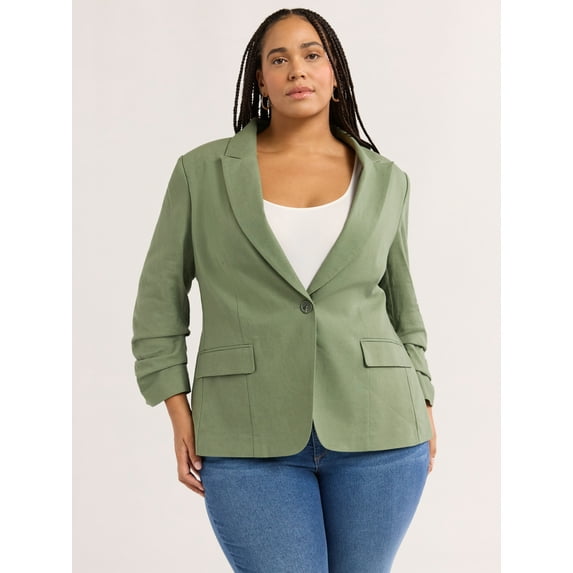 Sofia Jeans Women's Linen Blend Blazer with Scrunch Sleeves, Sizes XS-4X