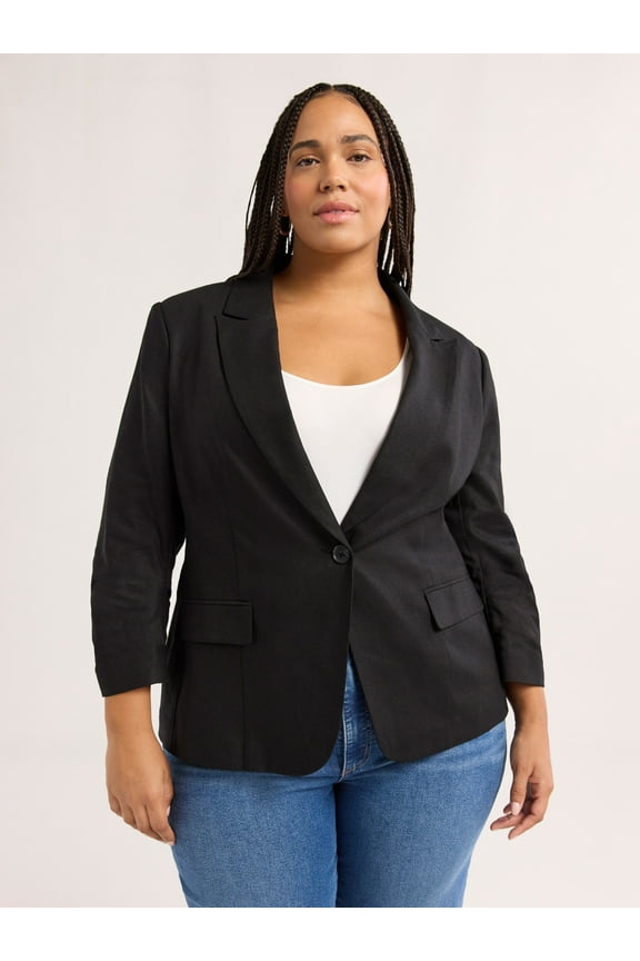 Sofia Jeans Women's Linen Blend Blazer with Scrunch Sleeves, Sizes XS-4X