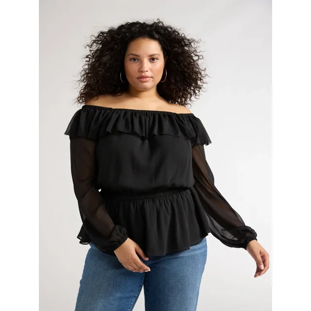 Sofia Jeans Women's and Women's Plus Off Shoulder Top with Long Sleeves, Sizes XS-5X