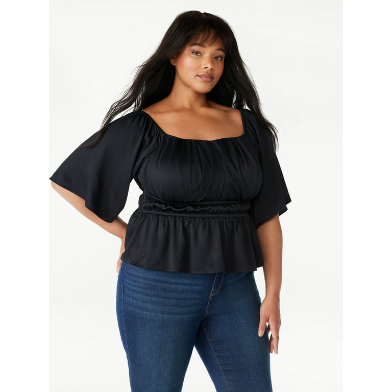 Sofia Jeans Women's Plus Size Peplum Top with Bell Sleeves, Sizes