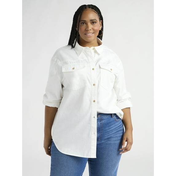 Sofia Jeans Women's and Women's Plus Sofia Oversized Boyfriend Shirt with Long Sleeves, Sizes XS-4X